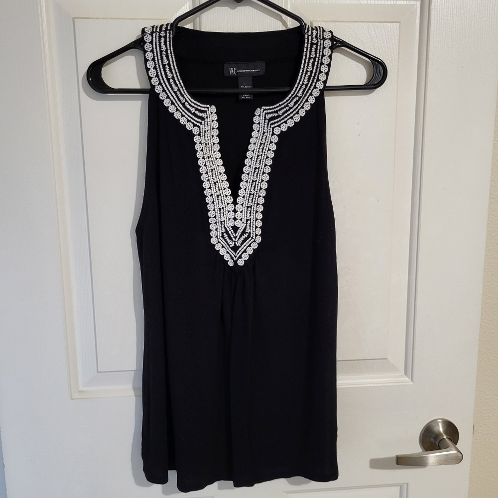 INC International Concepts Black and White Embroidered Blouse Size L